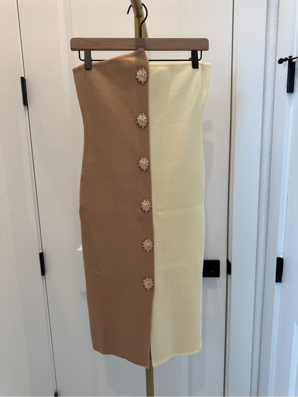 Two-Tone Camel and Pale Yellow Midi Dress with Decorative Buttons